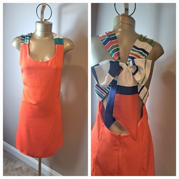 Lulus Reddish Orange Multi-striped Tie Back Mini Dress - Picture 2 of 9